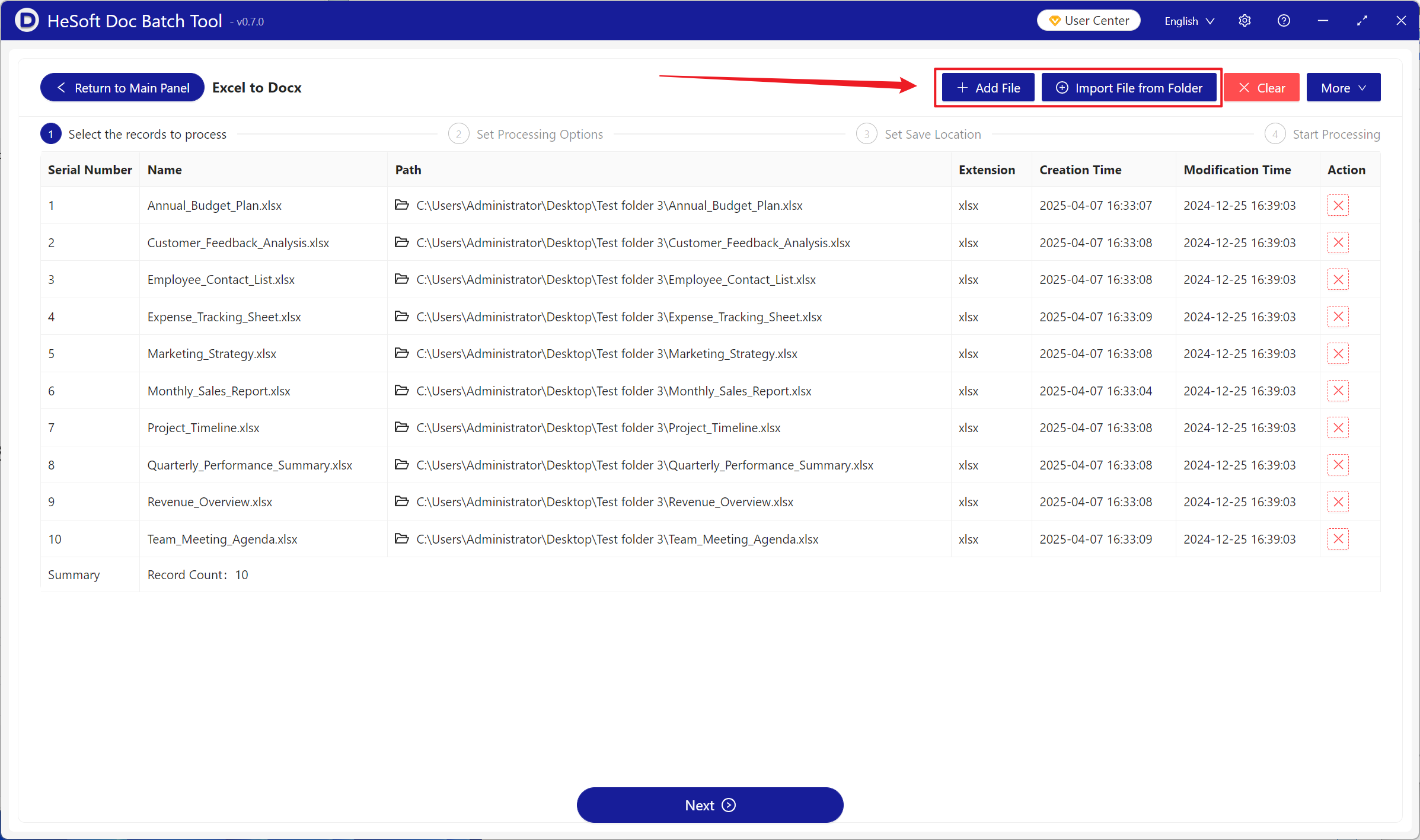 image-A lot of Xls, Xlsx tables unified batch conversion to Docx format files